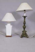 A painted terracotta table lamp, 22" high and a Chinese porcelain vase style lamp, AF losses