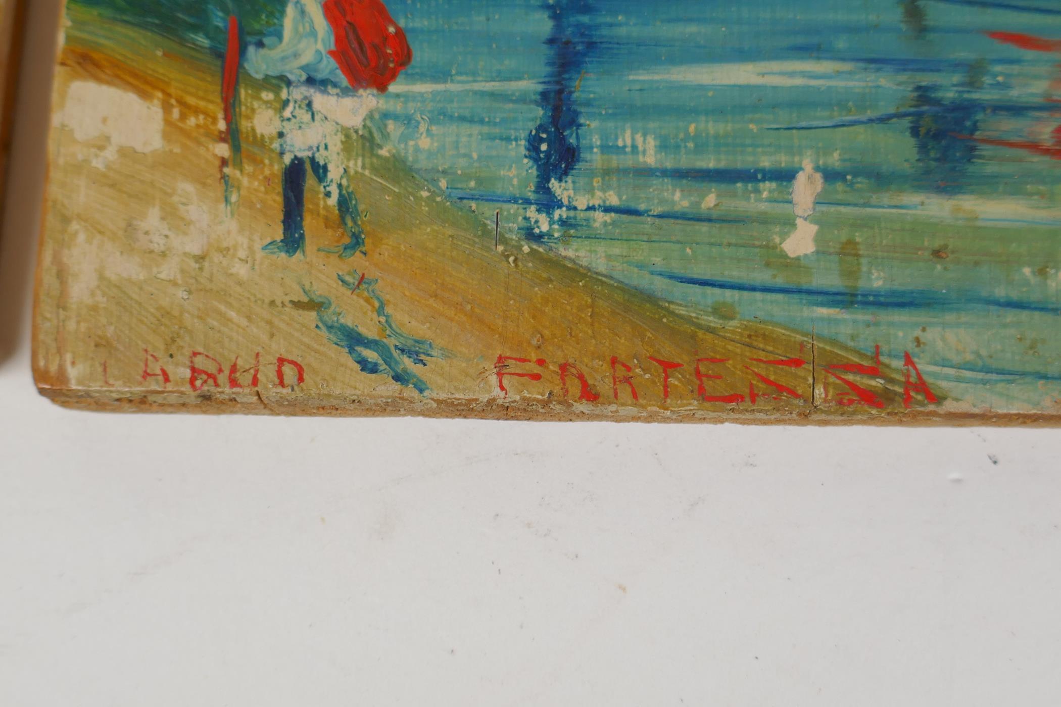 Four scenes of Sicily, Mount Etna etc, indistinctly signed, oils on panel, early 20th, 4½" x 8½" - Image 5 of 7