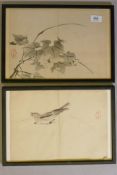 Oriental watercolour, bird on a branch and another of a cricket, 13" x 9"