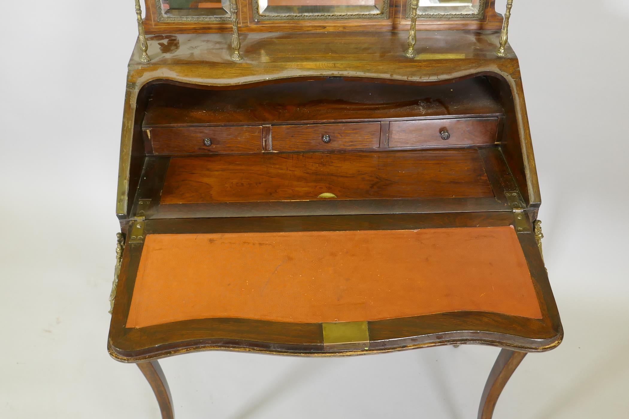 A C19th inlaid rosewood bureau de dame, with ormolu mounts, fall front and fitted interior, 31" x - Image 4 of 8