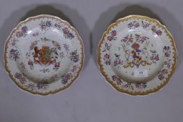 A near pair of Chinese export armorial plates with bianco sopra bianco and gilt and enamel