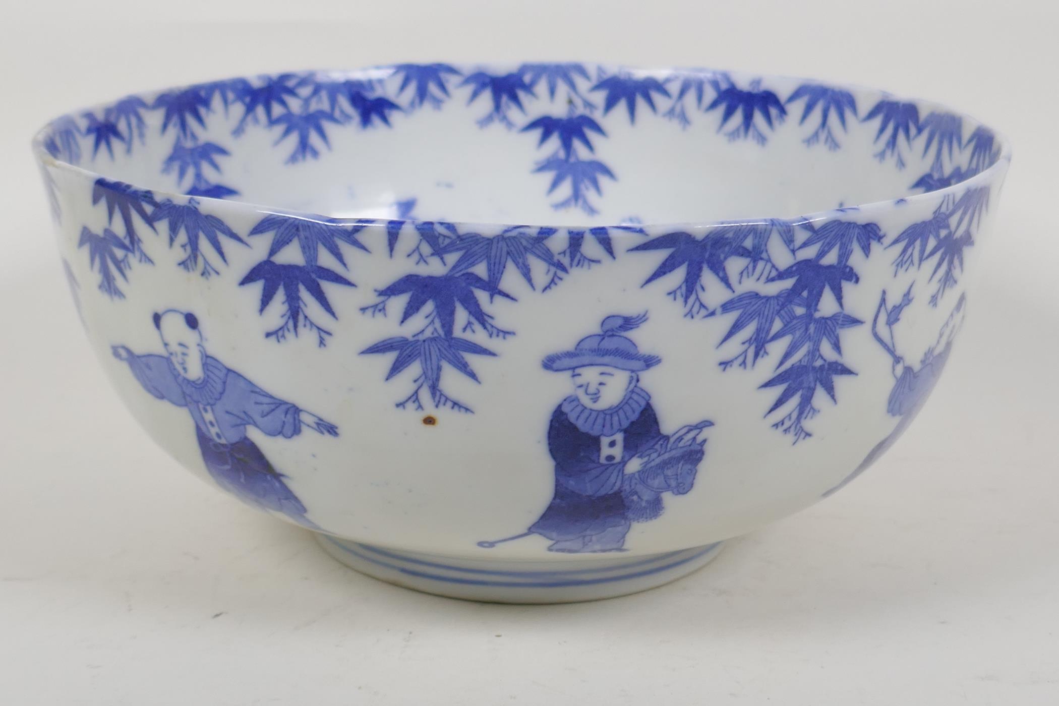 A Chinese Republic blue and white porcelain punch bowl decorated with boys at various pursuits, - Image 2 of 8