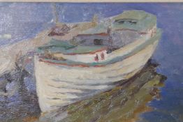 A study of a boat by a jetty, signed, also signed and inscribed verso, Russian oil on card, 5½" x 8"