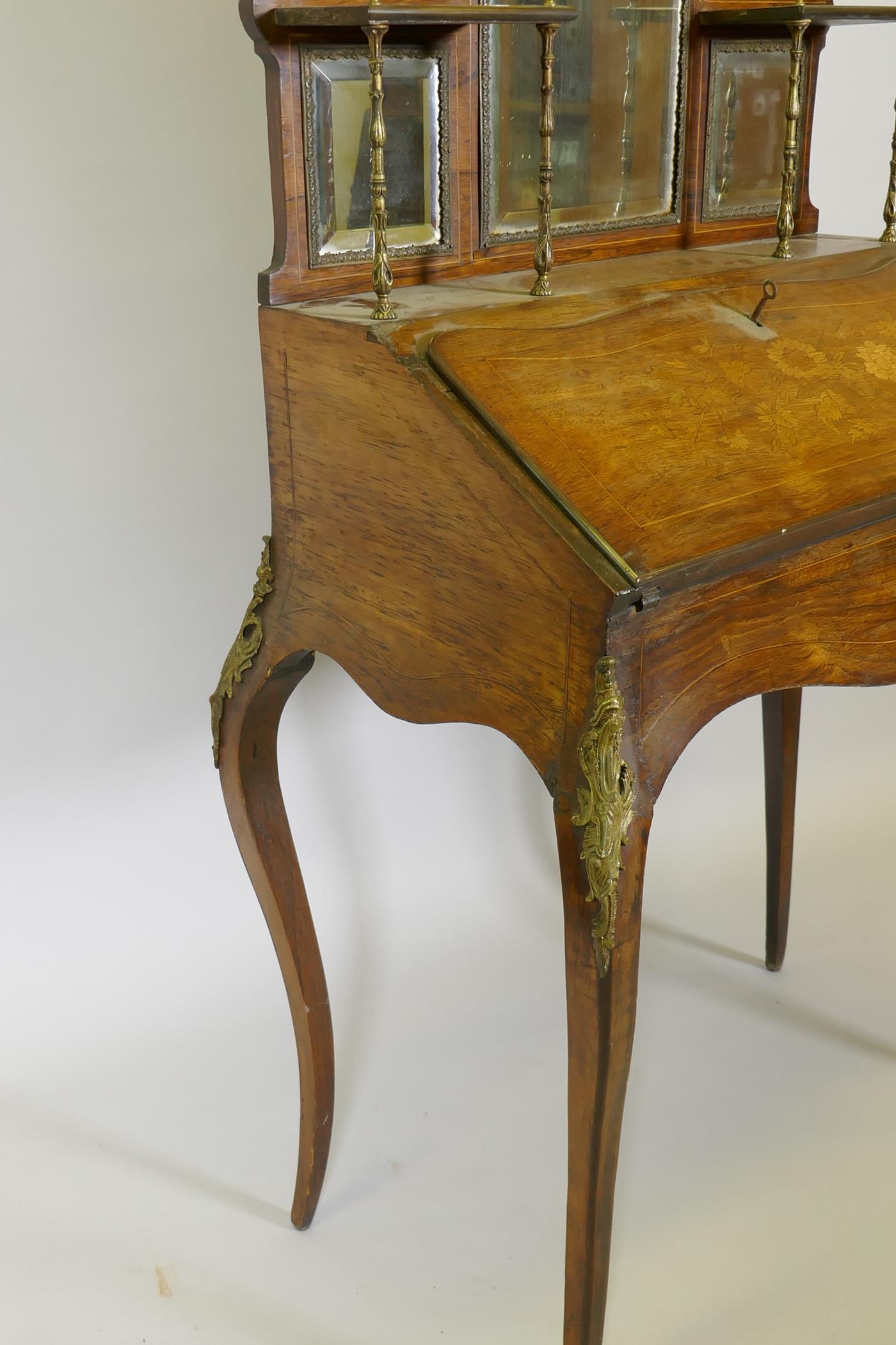 A C19th inlaid rosewood bureau de dame, with ormolu mounts, fall front and fitted interior, 31" x - Image 6 of 8