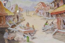 R.L. Manandhar, (Tibetan), Aftermath of an earthquake, signed and dated '15, watercolour, 29" x 22"