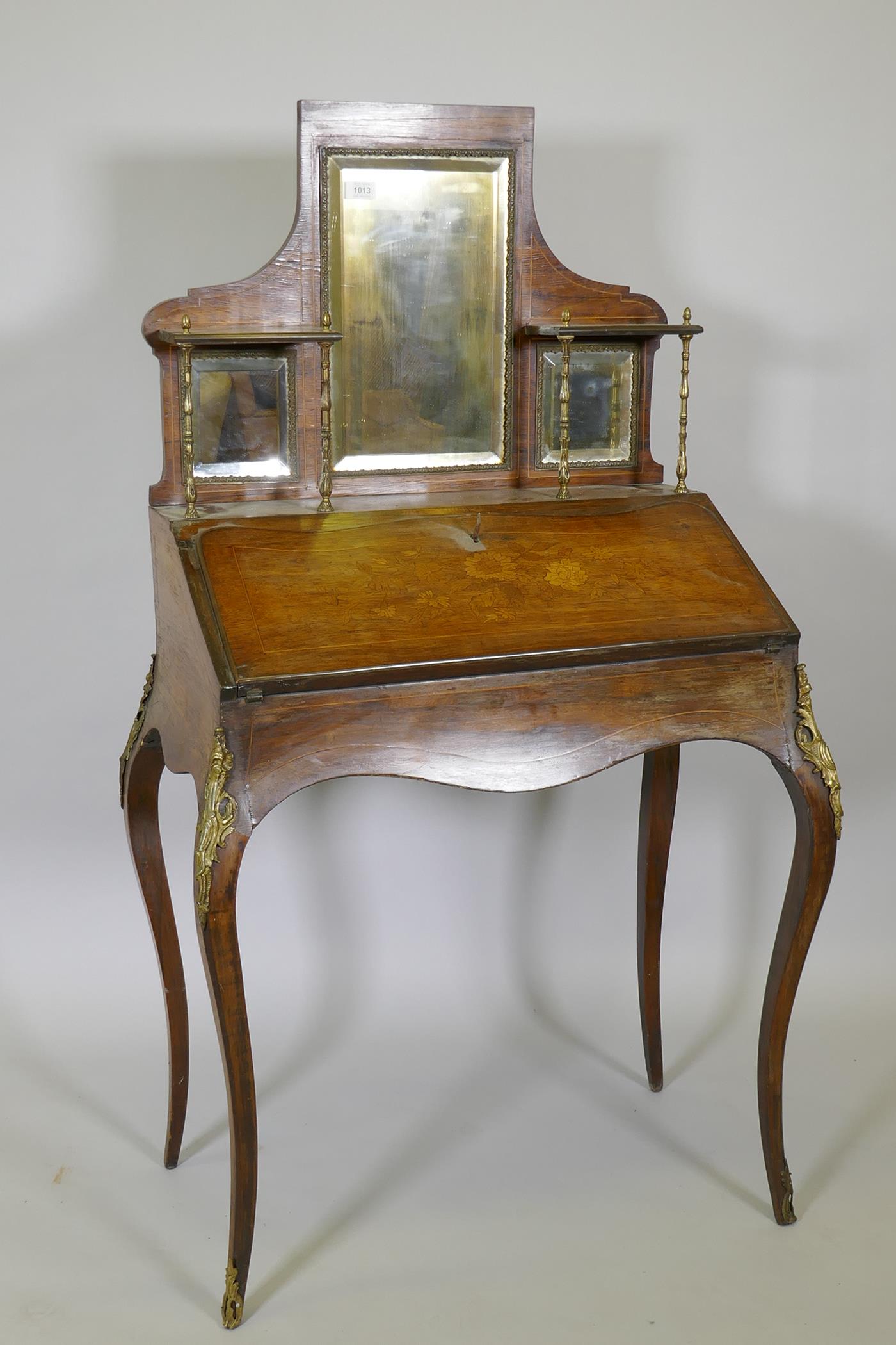 A C19th inlaid rosewood bureau de dame, with ormolu mounts, fall front and fitted interior, 31" x