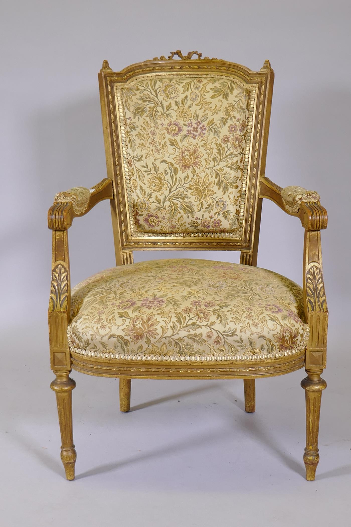 An antique French giltwood open armchair, the shaped back with carved and pierced detail, raised - Image 3 of 4