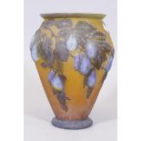 Gallé style cameo glass vase with raised decoration depicting a fruiting plum tree, 13" high