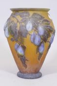 Gallé style cameo glass vase with raised decoration depicting a fruiting plum tree, 13" high