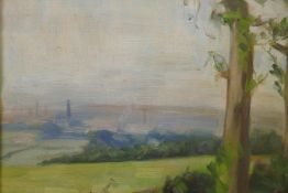 In the manner of A.J. Munnings, a landscape view, signed verso, gallery pierced and swept frame, oil