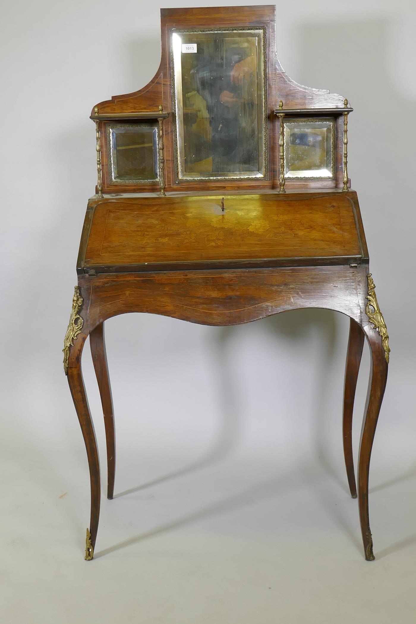 A C19th inlaid rosewood bureau de dame, with ormolu mounts, fall front and fitted interior, 31" x - Image 2 of 8