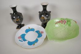 A Carltonware Australian design cabbage leaf fruit bowl, 11" x 9", a C19th Coalport stand and a pair