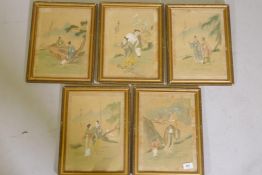 Five Chinese watercolours on silk, various scenes, with inscriptions, 11" x 7"