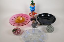 A Murano style glass bowl, 11" diameter, two millefiori paperweights, a quantity of pressed glass,