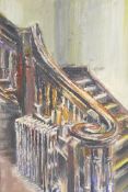 Interior with staircase, unsigned, oil on canvas laid on board, 19" x 30"