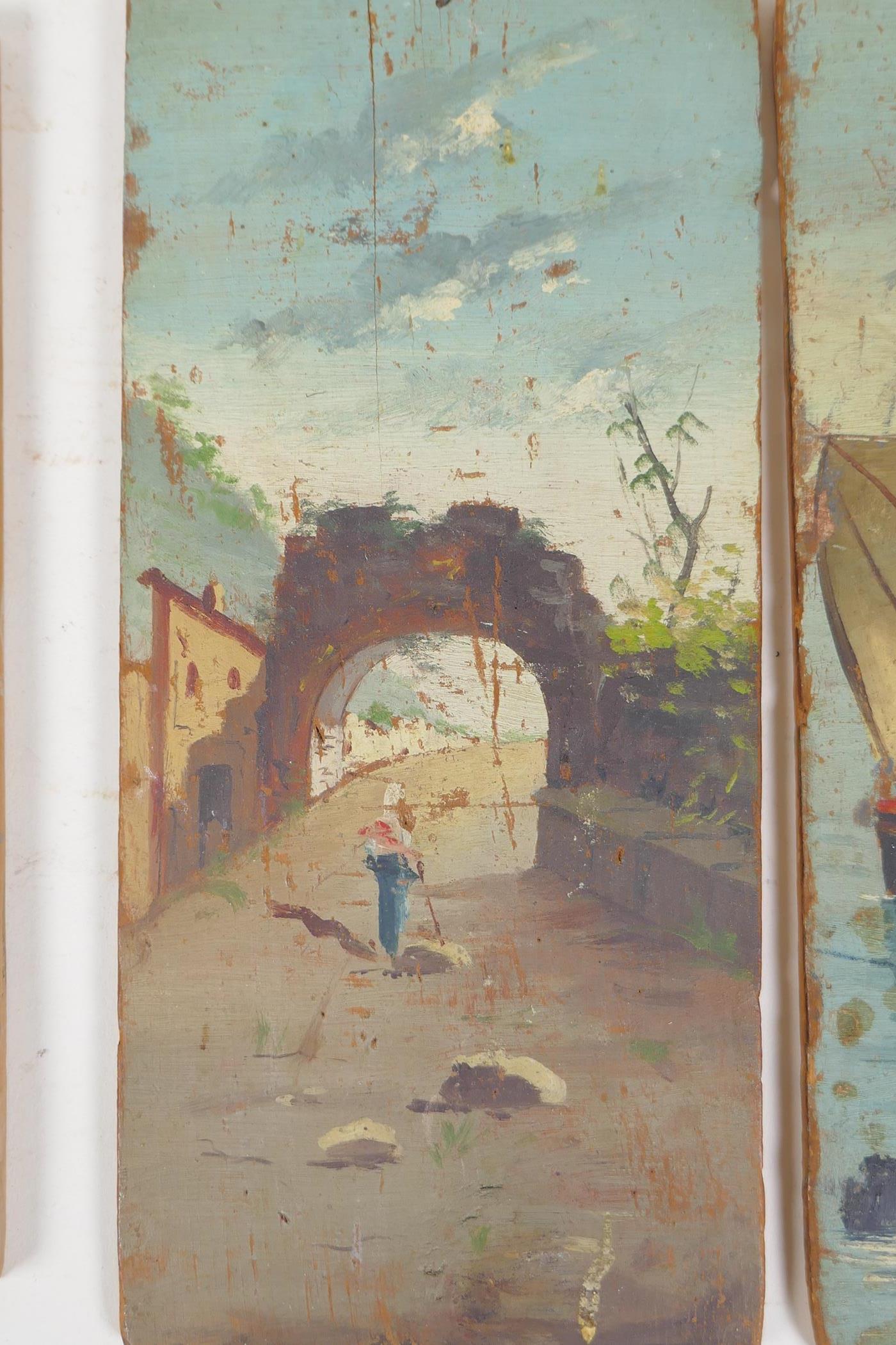 Four scenes of Sicily, Mount Etna etc, indistinctly signed, oils on panel, early 20th, 4½" x 8½" - Image 3 of 7