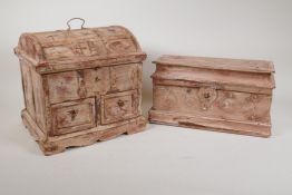 A metal strapped fruit wood chest with a distressed paint finish, and a similar box, largest 10" x