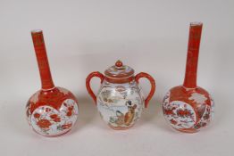 A pair of Japanese Satsuma specimen vases, 8" high, and a Satsuma porcelain sugar jar painted with