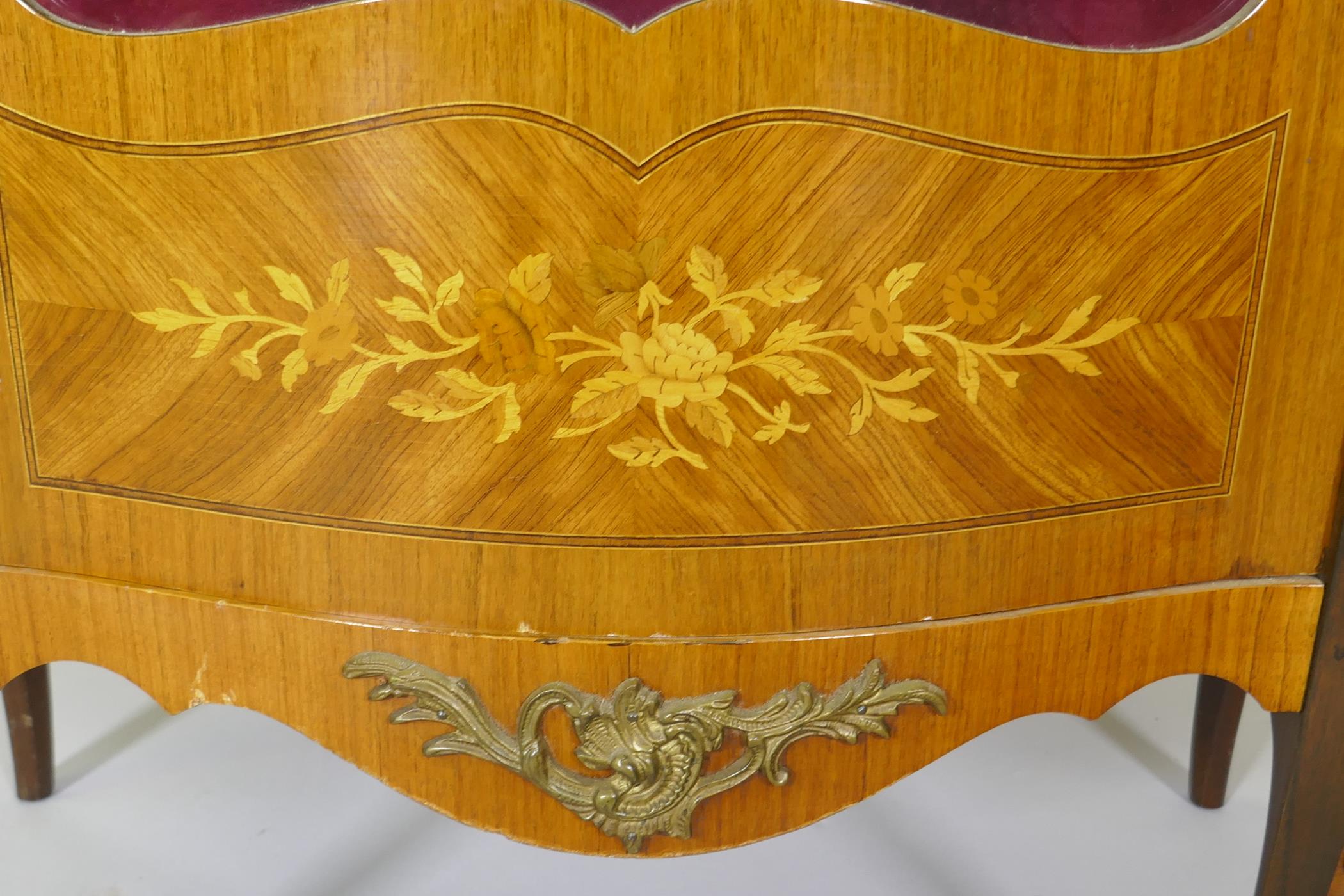 A French mahogany vitrine with tulipwood banded inlay, brass mounts and serpentine front, raised - Image 4 of 4