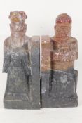 A pair of Chinese soapstone bookends carved as a dignitary and warrior, 7" high