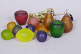 A collection of Barleylands glass fruit paperweights, a bunch of onyx grapes etc