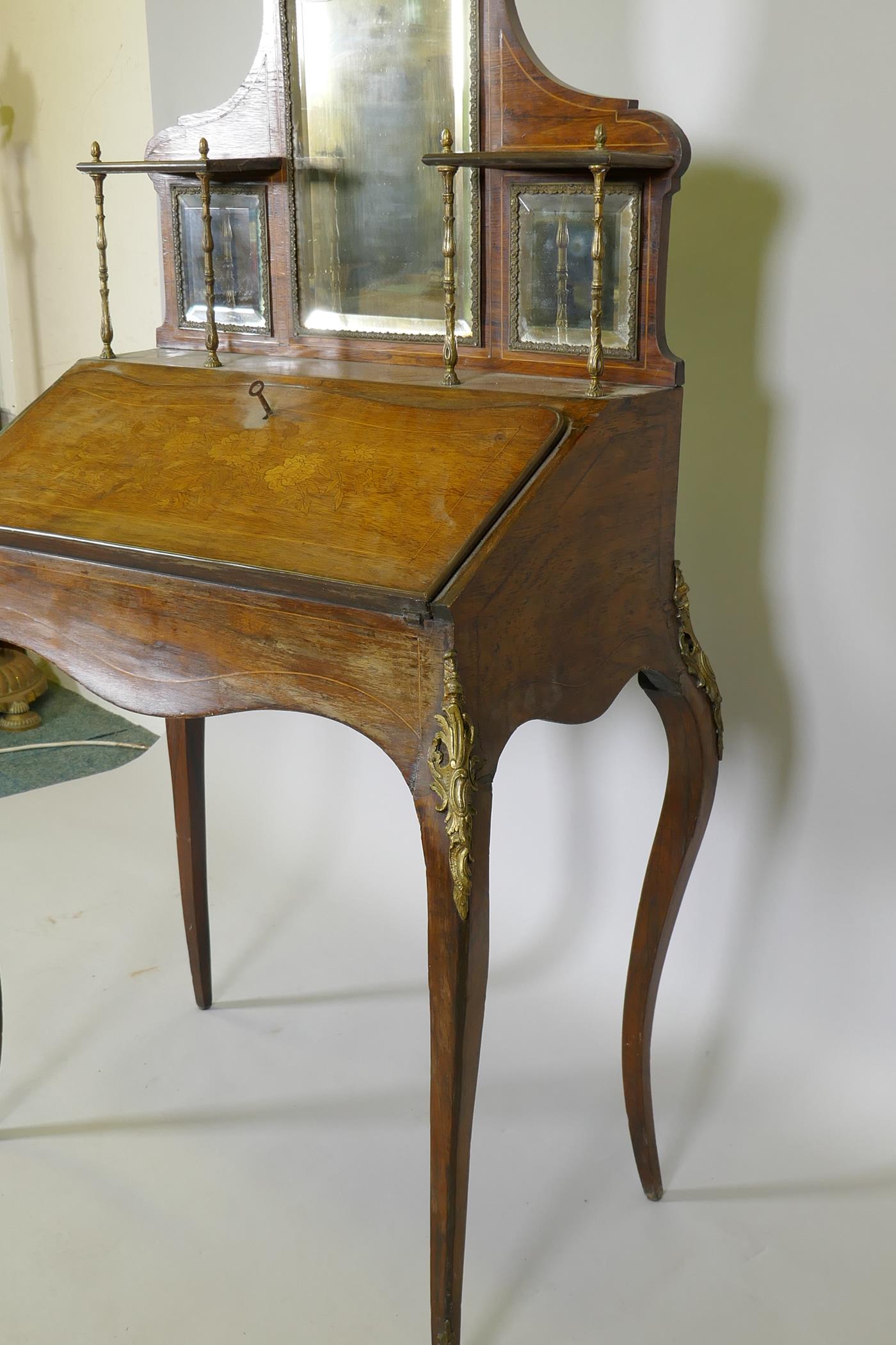 A C19th inlaid rosewood bureau de dame, with ormolu mounts, fall front and fitted interior, 31" x - Image 7 of 8