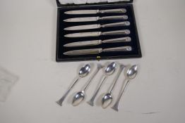 A set of six Danish silver tea spoons (60g) and a boxed set of tea knives with hallmarked silver