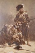 After Robert Gibb, 'Comrades, The 42nd Highlanders', overpainted print inscribed to mount 'The