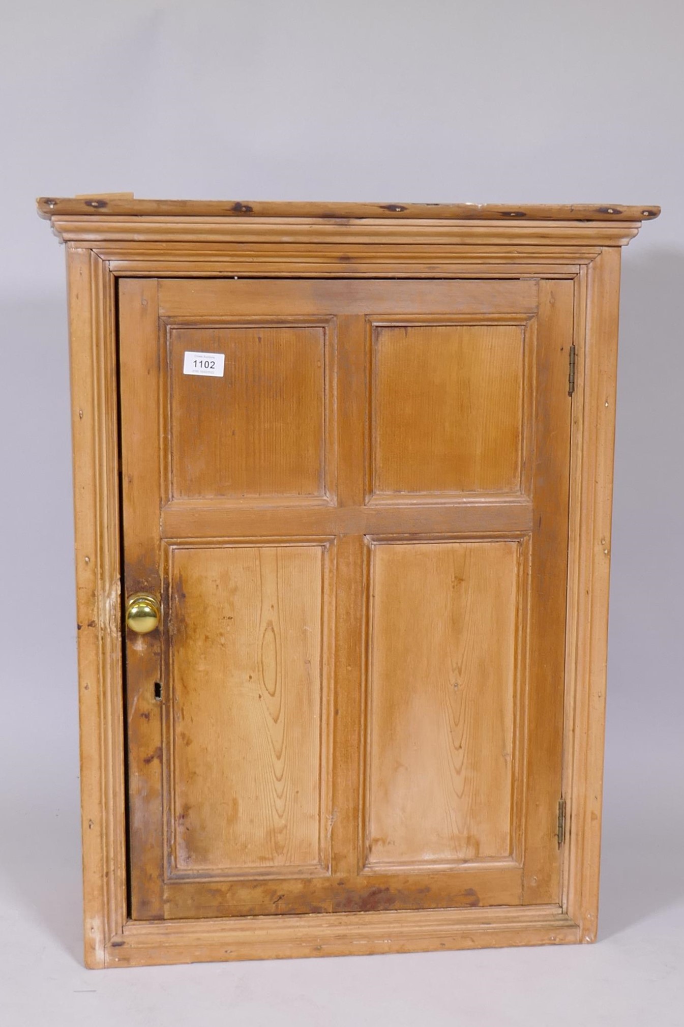 A C19th pine hanging food cupboard with panelled door and two shelves, 24" x 12" x 30"