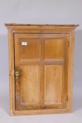 A C19th pine hanging food cupboard with panelled door and two shelves, 24" x 12" x 30"
