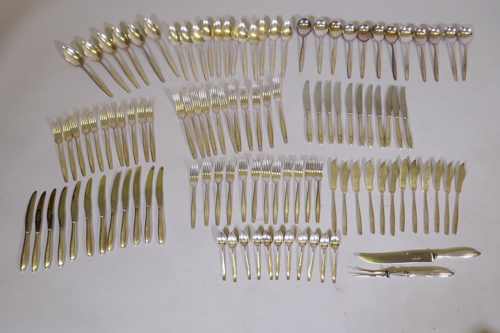 A twelve place Sheffield plate cutlery part service retailed by Harrods, marked L & O, Lathan &