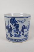 A Chinese blue and white porcelain brush pot decorated with warriors in a landscape, 6½" high x 7"