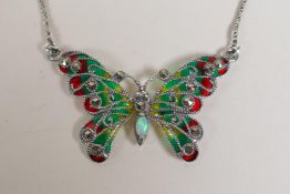 A 925 silver and plique a jour butterfly necklace, 2" wide