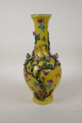 A yellow ground porcelain vase with polychrome applied peach tree decoration, Chinese Qianlong