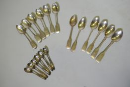 Three hallmarked silver teaspoons, London 1821, maker W.E. and three similar, Exeter 1852, James and