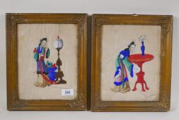 A pair of Chinese watercolour on paper paintings, woman by a lamp, and another by a table, in gilt