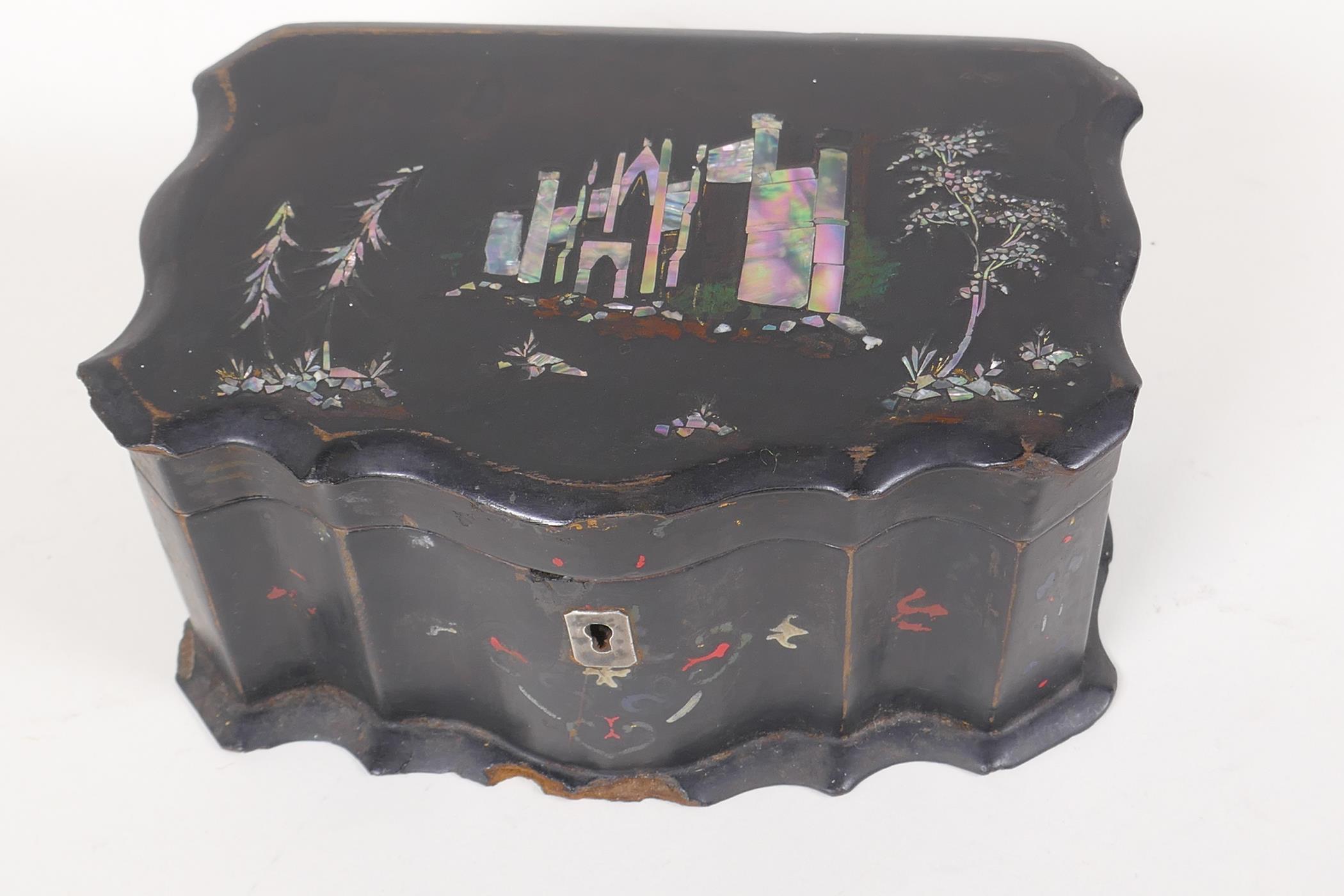 A Chinese mother of pearl inlaid papier mache two compartment tea caddy, AF, 7" x 4½" x 3½"