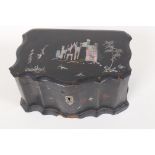 A Chinese mother of pearl inlaid papier mache two compartment tea caddy, AF, 7" x 4½" x 3½"