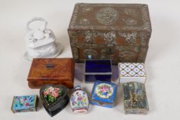 An Indian brass bound jewellery chest and a quantity of trinket boxes etc, including a Chinese