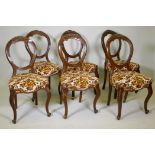 A set of six Victorian walnut balloon back chairs with carved decoration, raised on cabriole