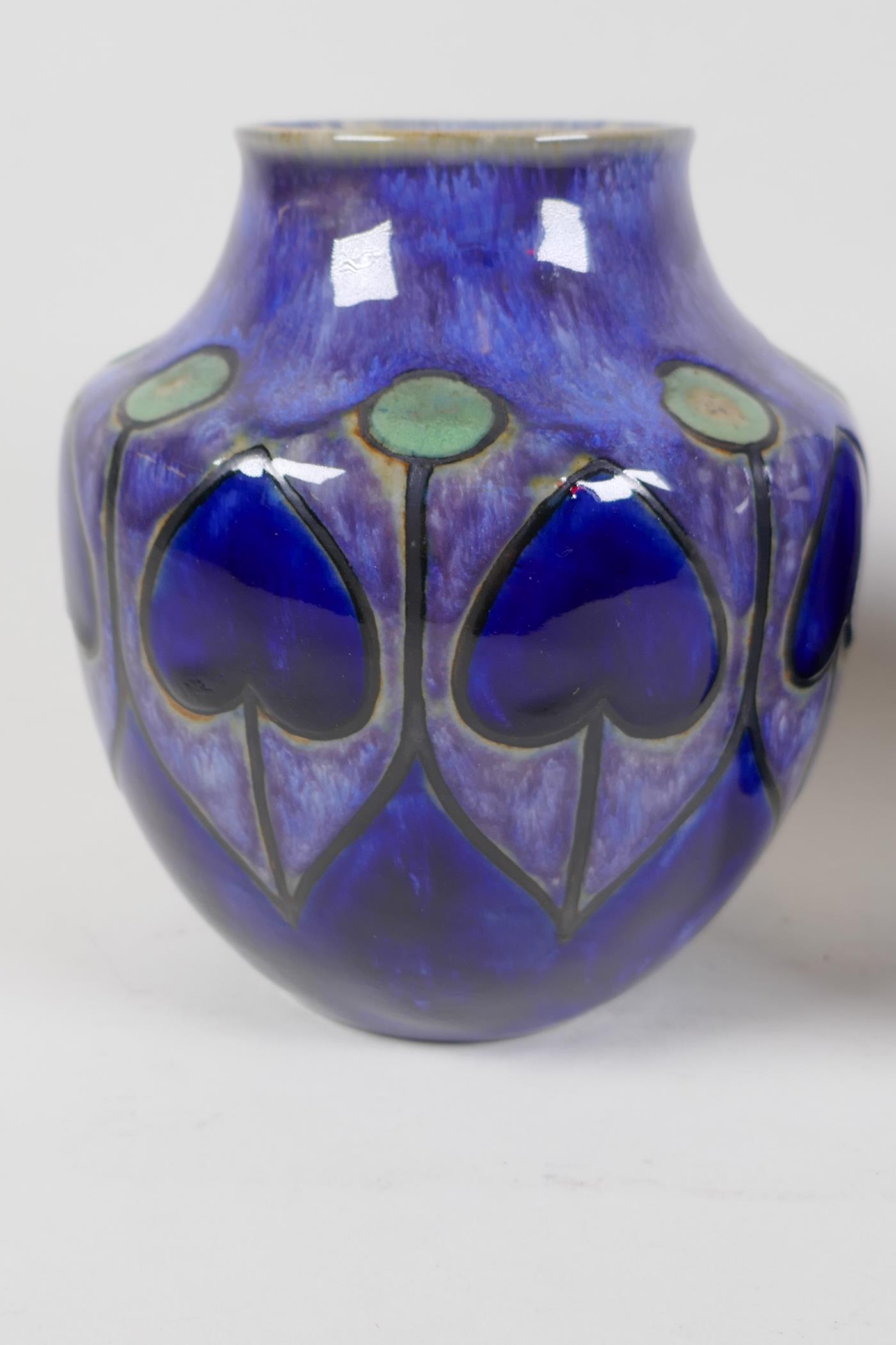 A pair of Royal Doulton Art Nouveau pattern stoneware vases, marked for Ethel Beard, 6½" high, AF - Image 2 of 5