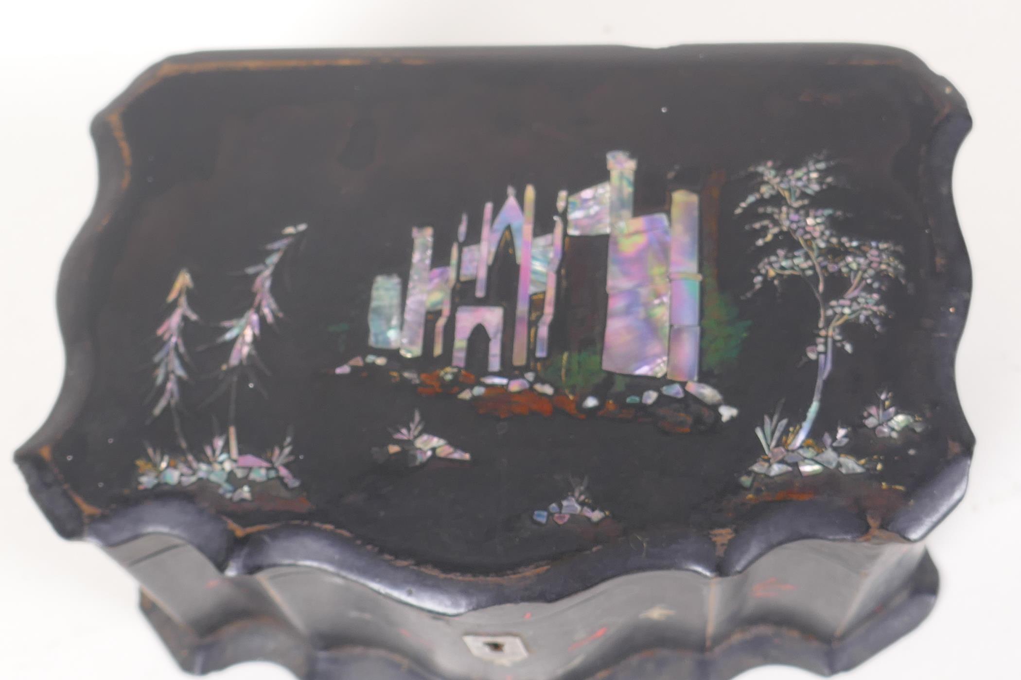 A Chinese mother of pearl inlaid papier mache two compartment tea caddy, AF, 7" x 4½" x 3½" - Image 2 of 7