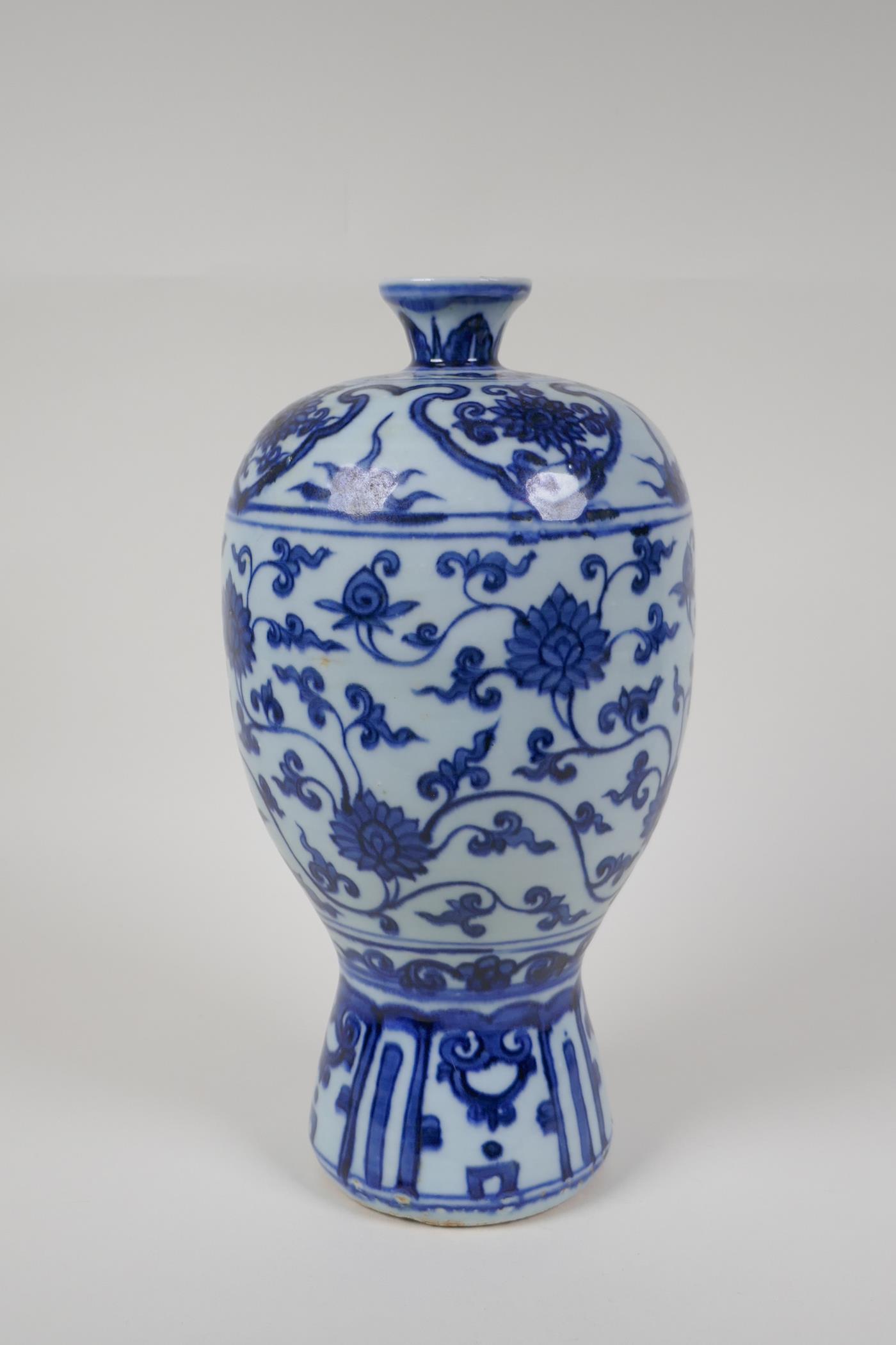 A Chinese ming style blue and white porcelain vase with scrolling lotus flower pattern, 11½" high - Image 5 of 8