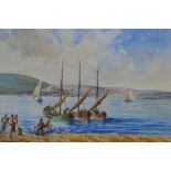 Continental coastal inlet with figures and boats, signed 'R.C. Dingli', watercolour, unframed,