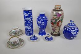 A quantity of Chinese porcelain, including three in blue and white cracked ice and prunus blossom