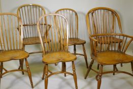 Six Windsor hoop back chairs with elm saddle seats and crinoline stretchers (4+2)