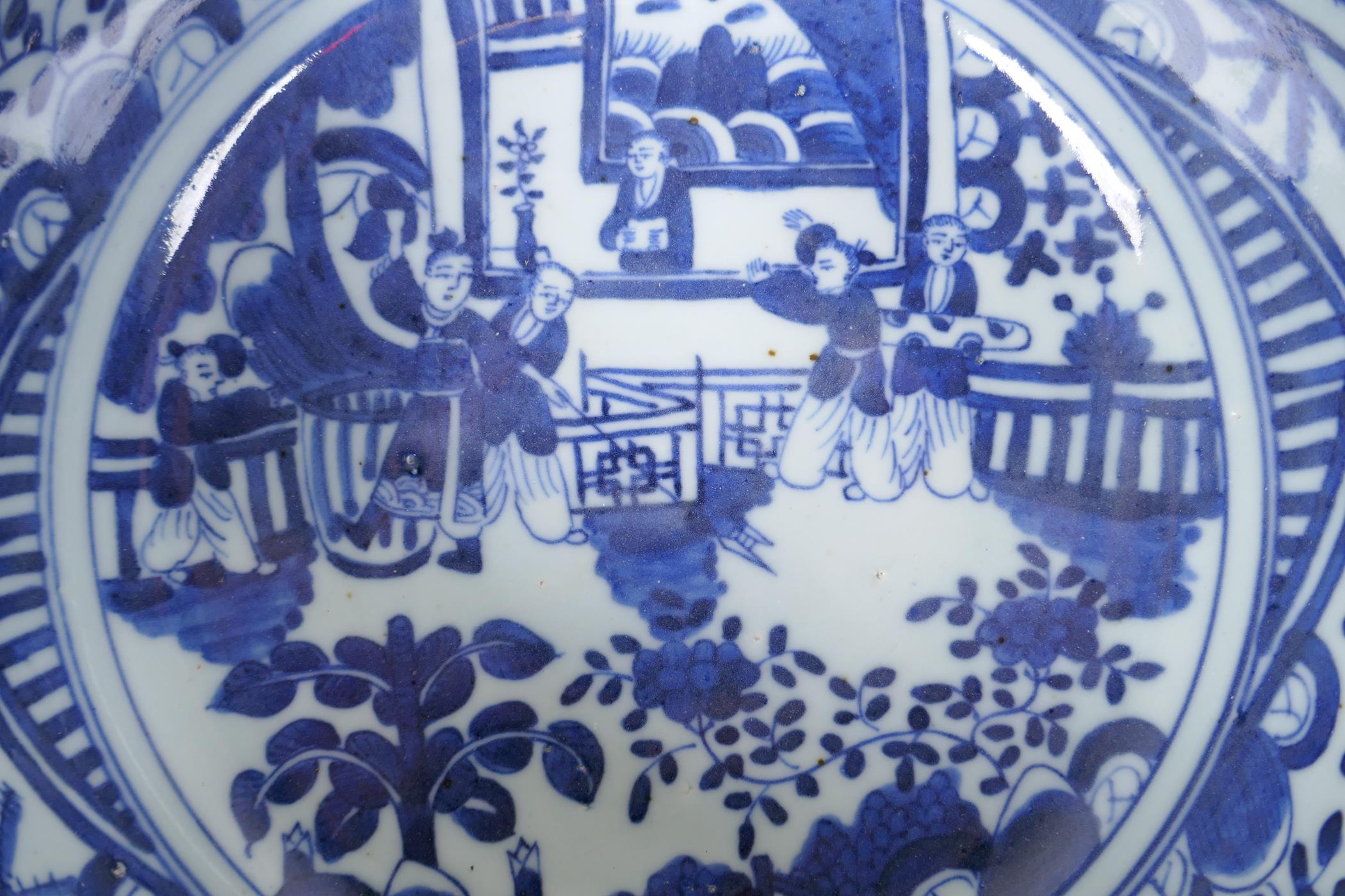 A Chinese Republic period blue and white porcelain steep sided bowl, decorated with figures in a - Image 3 of 5