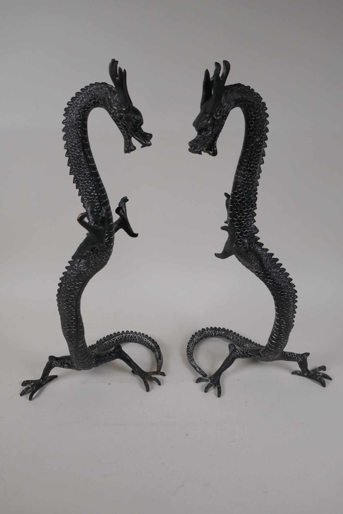 A pair of Chinese bronze figures of dragons, 16" high - Image 2 of 5