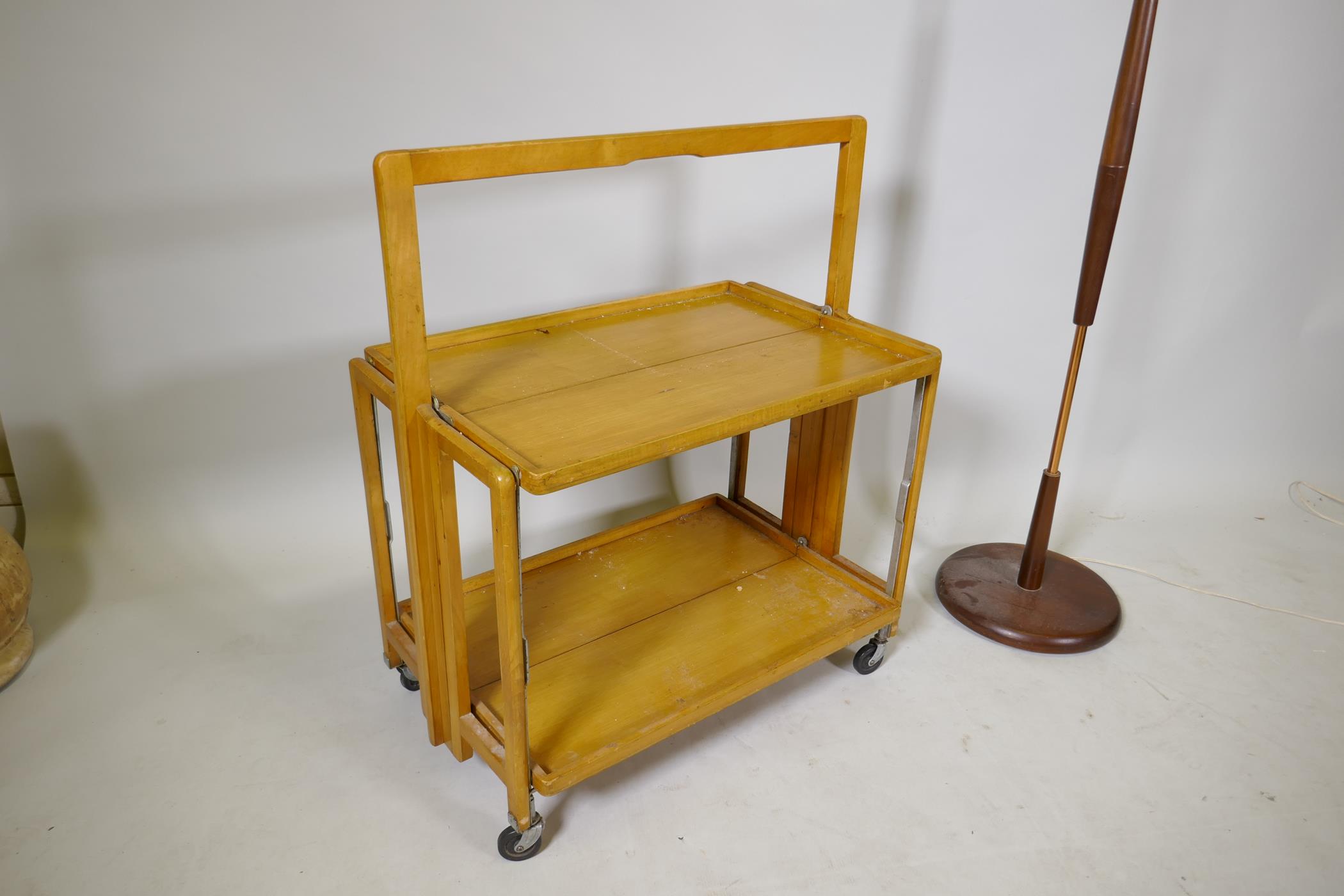 A 1970s teak and copper standard lamp, and a Haxyes beech folding hostess trolley, lamp 59" high - Image 4 of 7