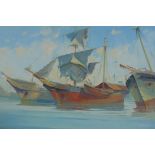 Continental boats at a harbour, indistinctly signed, possibly Greek, early C20th oil on board,
